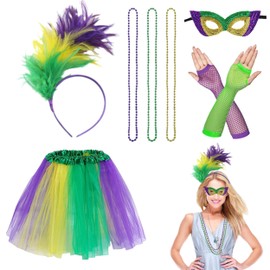 5 Pcs Mardi Gras Costume Accessories Set, Mardi Gras Feather Headband Tutu Skirt Bead Necklace Mask Gloves for Women