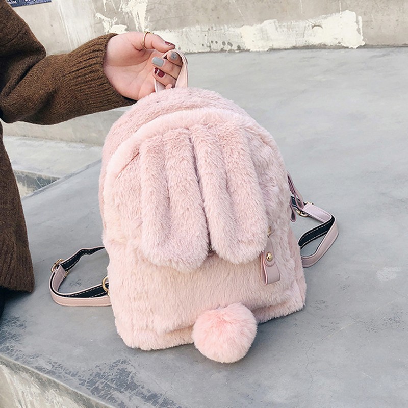 Women Bunny Backpack Plush Mini Fluffy Rabbit Ear Backpack Fuzzy