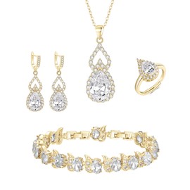 Clearine Jewellery Set for Women Gold Plated Clear Teardrop Cubic Zirconia Necklace Open Adjustable Ring Earrings Bracelet Set Gifts for Wedding/Anniversary/Mothers Day/Birthday/Christmas