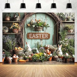 8X6FT Spring Easter Bunny Backdrop Cute Rabbit Colorful Eggs Rustic Wooden Door Flowers Backdrops for Photography Background Garden Party Decorations Photo Booth BannerM3456