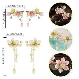 2 Pair Flower Hair Clips Lotus Tassel Hairpin Vintage Floral Hair Decoration Fashion Anti-slip Hanfu Hair Clip Cute Chinese Hair Accessories for Women Girls Party Dance Wedding Festival （Pink, Green）