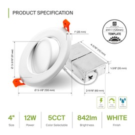ASD 4 Inch Gimbal LED Recessed Light with Junction Box, 12W 842Lm, 2700K/3000K/3500K/4000K/5000K Adjustable Directional Lighting, Dimmable Rotatable Slim Swivel Spotlight, UL Energy Star White 6 Pack