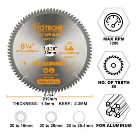 Hoteche T.C.T Circular Saw Blade 210 x 30 x 80T 210 mm Diameter 80 Teeth SK5 Base Body 1.5 mm Suitable for Aluminium and Plastic Maximum Speed 7200 rpm Including Three Washers 25.4 mm 20 mm 16 mm