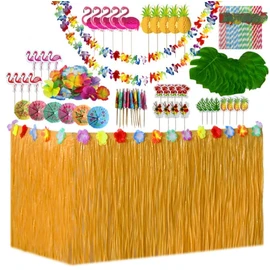 Hawaiian Tropical Party Decoration Set,Hawaiian Party Decorations,Hawaiian Party Accessories,Hawaiian Grass Table Skirt Garland Palm Leaves Colored Umbrellas 3d Fruit Straws for Jungle Garden