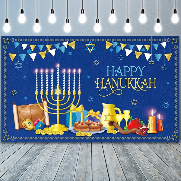 2020 Hanukkah Decorations Happy Hanukkah Theme Banner Background Blue and Gold Fabric Jewish Hanukkah Party Background Photo Booth Decor for Jewish Festival Hanukkah Deliveries, 71 x 43 Inches
