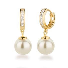 Schöner-SD 925 Silver Gold-Plated Hoop Earrings with 10 mm Pearl Ball, Sterling Silver