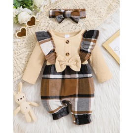 3-6 Months Baby Girl Clothes Newborn Girl Fall Outfits Plaid Print Infant Romper Long Sleeve Floral Bodysuit Apricot New Born Jumpsuit+Headband