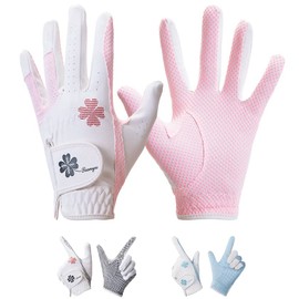 Golf Gloves, Women's, Both Hands, High Grip, High Breathability, PU Leather, Microfiber, TYS-021 (19 Sizes, Pink-White)