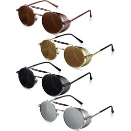 4 Pairs Steampunk Sunglasses Retro Gothic Sunglasses Unisex Vintage Sunglasses (Black Frame Grey Lens, Silver Frame Silver Lens, Gold Frame Brown Lens, Brown Frame Brown Lens)