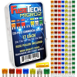 FuseTech Micro2 APT ATR 120 Piece Automotive Commercial Car Fuse Assortment (119 Blade Fuses + Fuse Puller) 5A 7.5A 10A 15A 20A 25A 30A