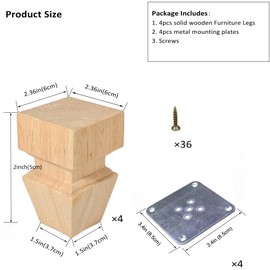 Mysummer 4PCS 2 Inch Wooden Unpainted Furniture Legs with Mounting Plates Screws Solid Wood Furniture Feet Replacement for Couch Cabinet Sofa Dresser Ottoman TV Stand Bed Home (5cm/2inch)