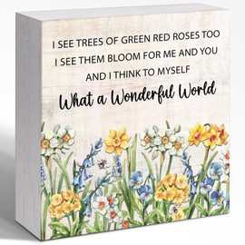 What a Wonderful World Wooden Box Sign Spring,Spring Wood Block Signs,Wooden Spring Plaque Decor for Home Garden Farmhouse Shelf Desk Wall Decor