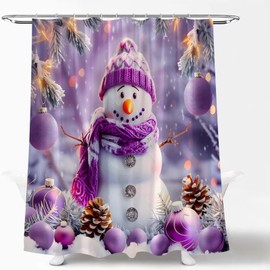 LAEDCIITI Christmas Shower Curtain Winter Purple Snowman Xmas Ball Snowy Pine Tree Holly Branch Snowflake Rustic Forest Scenery Merry Christmas New Year Winter Holiday Fabric Bath Curtain with Hook