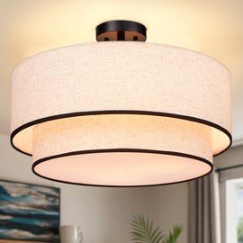 Hamilyeah 20 inch Semi Flush Mount Ceiling Light Fixture with Fabric Shade, Beige Double Layer Light Fixture with 4 Light, Modern Close to Ceiling Lighting for Living Room, Bedroom