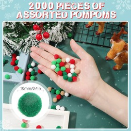 Tegeme 2000 Pieces Christmas Pom Poms Red Green White Pompoms 1 cm Assorted Fuzzy Balls for Christmas DIY Arts and Craft Making Decorations