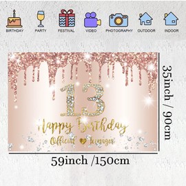 Happy 13th Birthday Decorations Backdrop Banner for Girls Happy 13 Years Old Party Sign Poster Girl 13th Birthday Rosegold Photography Background 13th Birthday Party Supplies, 150x90cm / 59"x35.4"