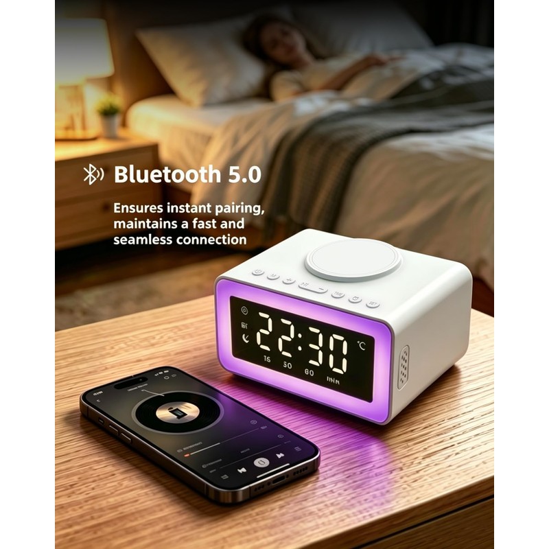 BYH Digital Alarm Clock for Bedroom, 15W Fast Wireless Charging