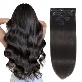 Clip in Hair Extensions Real Human Hair, Seamless Clip ins Real Human Hair for Women, Remy Human Hair Clip in Extensions, Double Weft 8pcs 22 inch Natural Black