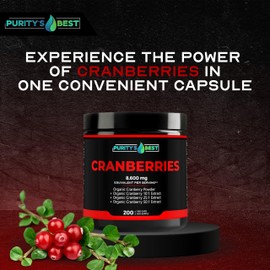 Purity’s Best Cranberry Organic Cranberries | 200 Veggie Caps | Cranberry Extract 8,600 Mg Strength, Effective UTI Support, Detoxifying, Dietary Supp, 100% Vegetarian, Non-GMO - Made in USA