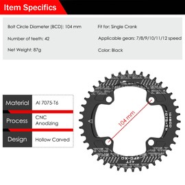 BESNIN Chainring 104 BCD Chainring 30T 32T 34T 36T 38T 40T 42T 44T 46T 48T 50T 52T Narrow Wide Tooth Round Chainring for 7/8/9/10/11/12 Speed MTB BMX Road Bike (Black, Round 42T)