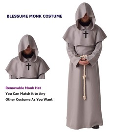 BLESSUME Monk Costume Medieval Robe Priest Hooded Renaissance Friar Cowl Outfit (M,Grey)
