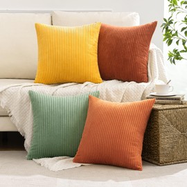 MIULEE Pack of 4 Fall Rust-Sage Green Corduroy Decorative Throw Pillow Covers 18x18 Inch Soft Boho Striped Pillow Covers Modern Farmhouse Home Decor for Sofa Living Room Couch Bed