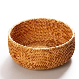 amololo Hadewoven Round Rattan Fruit Basket Wicker Food Tray Weaving Storage Holder Dinning Room Bowl, 10 Inch Woven Bread Basket Key Bowls with 4”Wall for Table, Countertop (Large 9.8")