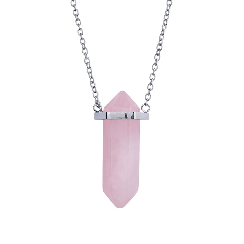LuckyLy Collar para Mujer de Cuarzo Rosa, Cadena de Acero