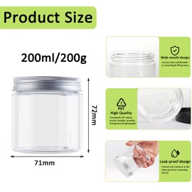 Alledomain 3PCS 200ML Empty Plastic Jars, Clear Round Cosmetic Containers Cream Jars with Inner Liners & Aluminum Alloy Lids Travel Jars for Storing Lip, Body Scrub, Lotion, Powder, Ointment, Makeup