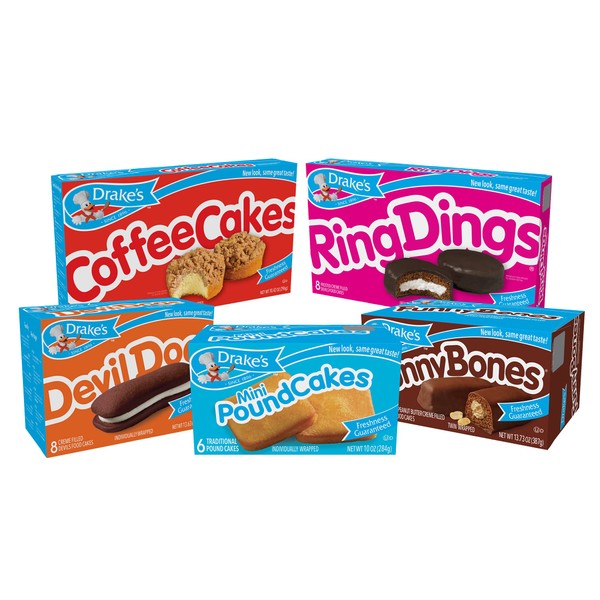 Drake's Variety Pack, Coffee Cakes, Devil Dogs, Pound Cakes, Ring Dings, Funny Bones (1 Box Each)