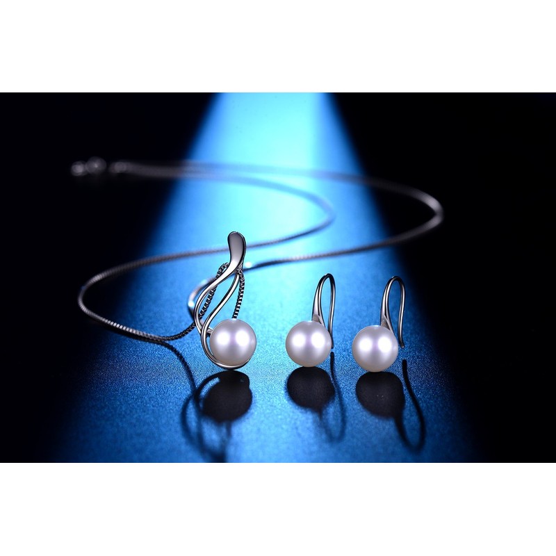 AMIGUO Freshwater Pearl Jewellery Set Earrings Necklace Solid 925 Silver