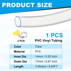 PATIKIL 1pcs Plastic Tubing, 14mm x 17mm x 3 m Vinyl Tubing Clear Tube with Hose Clamps, Soft Hose Line Pipe for Multipurpose Industrial Vinyl Aquarium