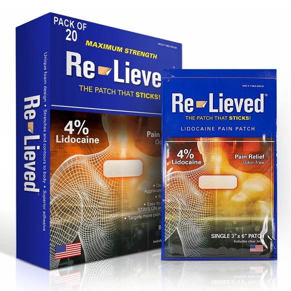 Re-Lieved 4% Lidocaine Patches Maximum Strength - Aluminum-Free, Water Resistant and USA Made -Superior Sticking Pain Relief Patches Quickly Relieves Back, Joints and Muscle Pain-3x6 Inches (20 Count)