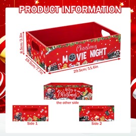 CIEOVO Christmas Movie Night Snack Tray with Handles, Christmas Wooden Snack Storage Box Popcorn Snack Tray Pantry Organizers Storage Baskets Bins for Christmas Movie Night Party Supplies
