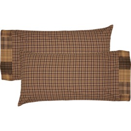 VHC Brands Rustic Prescott Block Border Cotton Patchwork Plaid King Bedding Accessory, Pillowcase Set 21x40, Brown