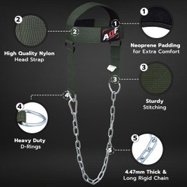 AQF Adjustable Head Harness, Neck Builder Belt Weight Lifting Neoprene Padded Neck Trainer – 30-Inch Long Steel Chain Neck Harness for Resistance Training, Injury Recovery, Muscle Strengthener