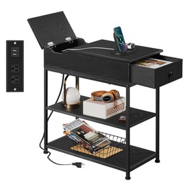 WLIVE Narrow Side Table with 2 USB Ports and 2 Outlets, Flip Top End Table with Drawer and Storage Shelves, End Stand with Charging Station for Living Room, Bedroom, Small Spaces