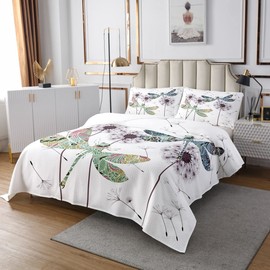 Dragonfly Gifts For Women, Dandelion Floral Quilt Set Queen, Dragonflies Flying Animals Bedspread Set For Lady Girls, Botanical Blossom Petal Coverlet Set, Colorful Dragonfly Wings Bed Set All Season