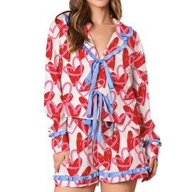 CocMouse Womens Summer Short Pajama Set Heart/Lip Print Long Sleeve Tie Front Top Drawstring Shorts 2 Piece Sleepwear Set (Red, L)
