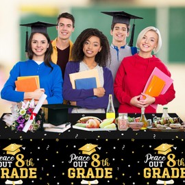 Dydamud 8th Grade Graduation Decorations Black and Gold 8th Grade Party Tablecloth Peace Out 8th Grade Table Covers Class of 2025 Graduation Table Cloth for Congrats Grad Party