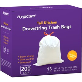 HygiCare Tall Kitchen Drawstring Trash Bags - 13 Gallons, 200 Count, Super Strong, Lavender Scent, Odor Control, Leakproof, Interleaved on Rolls