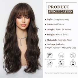 Esmee Long Wavy Dark Brown Wigs for Women Natural Synthetic Hair Heat Resistant Wigs with Bangs for Daily Party Cosplay Use-26 Inches