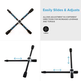RockTrix 14" 4-Way Adjustable Sliding Cross Lug Wrench for Tire Changing Bolt Nut Removal, Fits SAE Metric Lug Sizes 17mm 11/16" 19mm 3/4" 21mm 13/16" Black, Collapses for Compact Storage