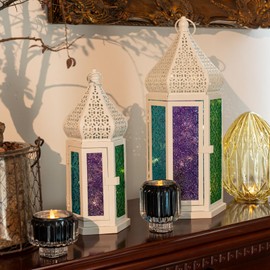 Yongmao Vintage Large Decorative Candle White Metal Moroccan Lantern 16 inch 12 inch 2Pcs Ramadan Lamp Lantern Decorative Candle Holder for Indoor Outdoor Home Christmas Decor