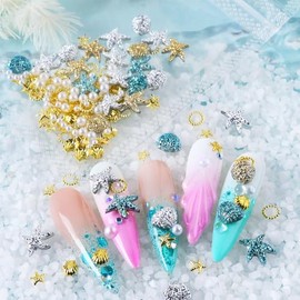 140Pcs Summer Nail Charms 3D Metal Shell Pearl Star Nail Art Charms Gold Silver Starfish Nail Gems Beach Nail Rhinestones Ocean Charms Shell Nail Jewels Supplies for Women DIY Manicure Decorations
