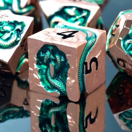 RULE DICE Serpent's Embrace Metal DND Dice Set - 7pc Polyhedral D&D Dice for TTRPGs Like Dungeons and Dragons and Pathfinder - Emerald Green Snake Design, Heavy & Balanced for Tabletop Gaming