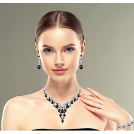 Paxuan Wedding Bridal Bridesmaid Austrian Crystal Rhinestone Jewelry Sets Statement Choker Necklace Drop Dangle Earrings Sets for Wedding Party Prom (Necklace + Earring + Bracelet (Black))