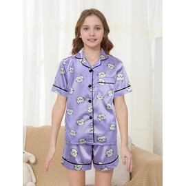 MyFav Girls Pajama Set Short Sleeve Button Down Silky Satin Girls PJS Kids Sleepwear Summer Nightwear Loungewear Set,Purple Cat,8Y