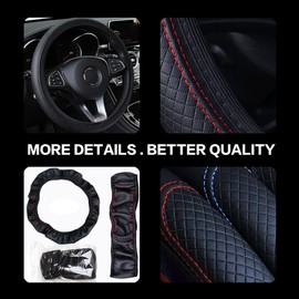 Leather Car Steering Wheel Cover, Classical Leather Automotive Steering Wheel Covers,Breathable, Non-Slip,Elastic, Universal 15 inch Steering Wheel Protector (Black)