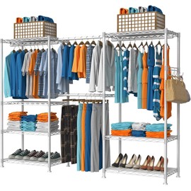 VyGrow Clothes Rack for Hanging Clothes, Adjustable Heavy Duty Clothing Rack with 4 Hang Rods & 7 Shelves, Load 800LBS, 70.47" L x 13.58" W x 76.77" H, White